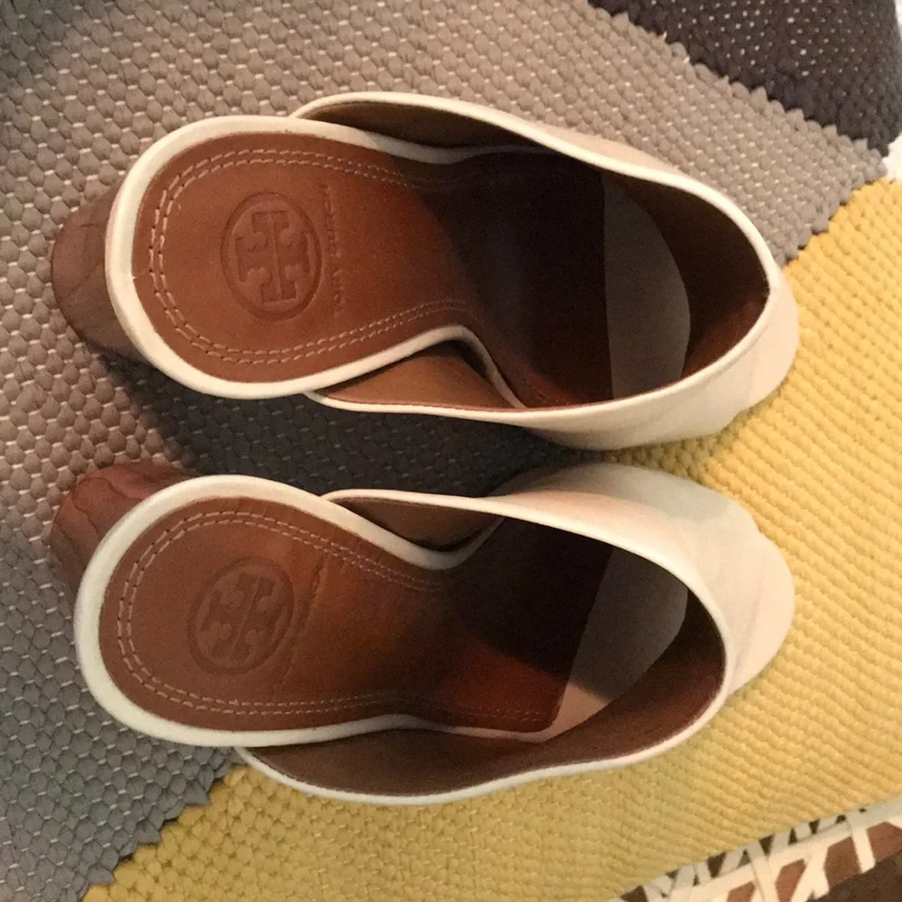 Tory Burch Cream Leather Open-Toe Mule with Brown Wood Heel